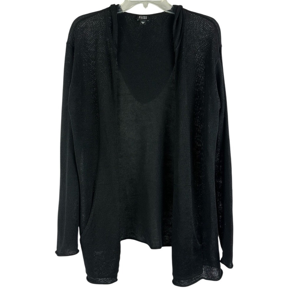 Eileen Fisher Hooded 100% Linen Open Cardigan Jacket Sz M Beachy Cover Up